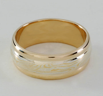 Custom: 22kt and Sterling Silver Mokume Gane Band (8mm) with 14kt Gold Rails and Liner