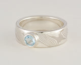 Mokume Gane Ring - 14kt Palladium White Gold and Sterling Silver Wide Band with Aquamarine