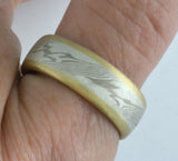 Custom: Palladium White Gold and Mokume Gane Band (8mm) with 14kt Gold Rails
