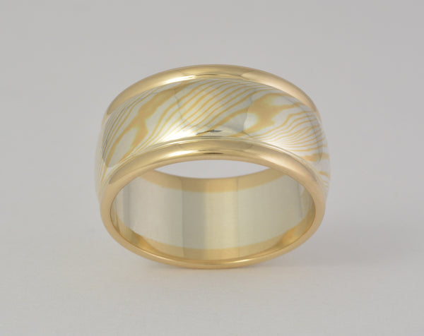 Custom: 22kt and Sterling Silver Mokume Gane ring with rails 11mm wide