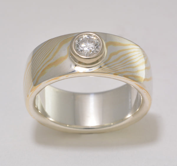 Custom: 22kt Yellow Gold and Sterling Silver Mokume Gane Ring with Canadian Diamond
