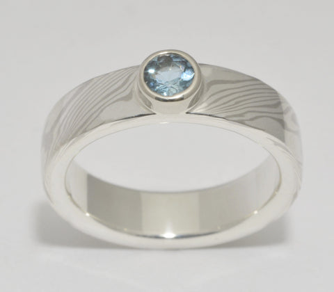 Mokume Gane Ring - 14kt Palladium White Gold and Sterling Silver Narrow Band with Aquamarine