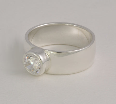 Custom: 8mm Wide Sterling Silver Band with 6mm Bezel Set Stone