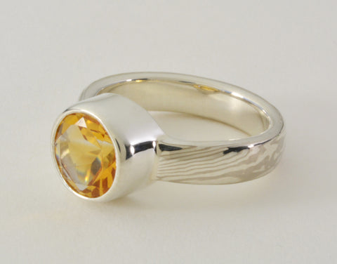 Custom: Palladium White Gold and Sterling Silver Mokume Ring with Tall Bezel Set Citrine