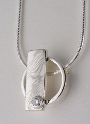 Custom: Palladium White Gold and Sterling Silver Mokume Gane Accent Pendant Bezel Set Round Diamond
