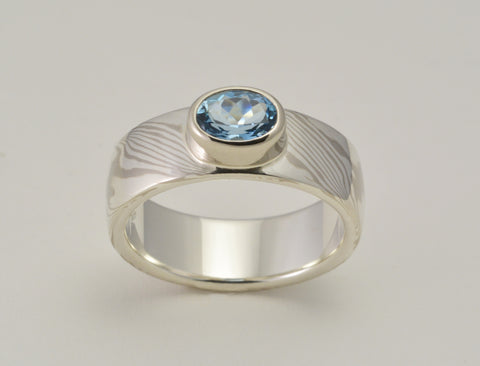 Custom: Palladium White Gold and Sterling Silver Mokume Gane with Oval Aquamarine