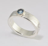 Mokume Gane Ring - 14kt Palladium White Gold and Sterling Silver Narrow Band with Aquamarine