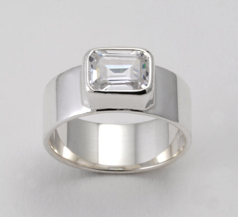 Custom: Sterling Silver wide band with hexagonal stone