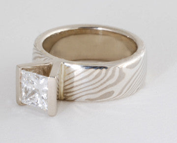 Custom: Palladium White Gold and Sterling Silver Mokume Gane Band with Princess Cut Diamond
