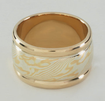 Custom: 22kt and Sterling Silver Mokume Gane Band (12mm) with 14kt Gold Rails and Liner