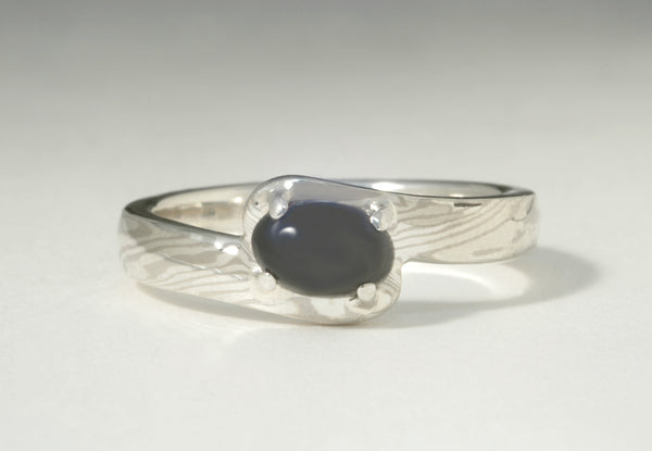 Custom: 14kt Palladium White Gold and Sterling Silver Offset Mokume Gane Ring with Prong Set Coral