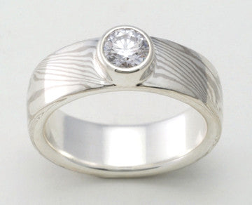 Custom: Palladium White Gold and Sterling Silver Mokume Ring with Bezel Set Round Diamond