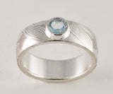 Mokume Gane Ring - 14kt Palladium White Gold and Sterling Silver Wide Band with Aquamarine