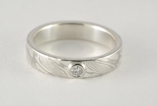 Custom: Palladium White Gold and Sterling Silver Narrow Mokume Gane Ring with Diamond